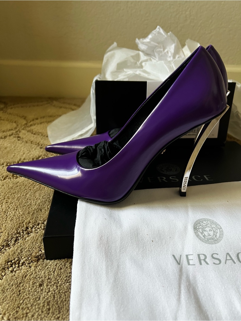 Versace Purple Patent Pointed-Toe Stiletto Heels with Silver Logo Heel